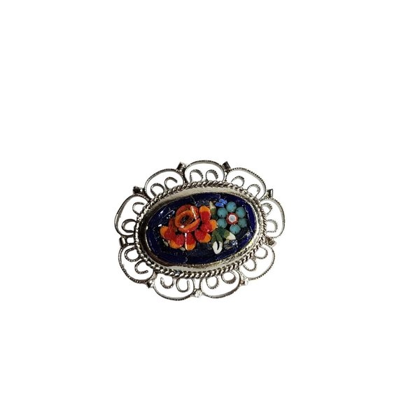 Vintage Micro Mosaic Floral Blue Pink Pietra Dura Brooch Pin Round Filigree - Picture 5 of 10